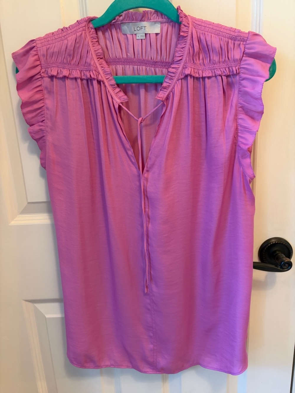 LOFT Lavender Pleated Yoke Ruffle Sleeve Tie-Front Blouse Size M